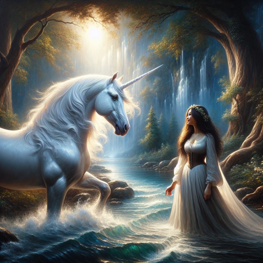 White Unicorn Gazing at Woman in Forest Fantasy Art
