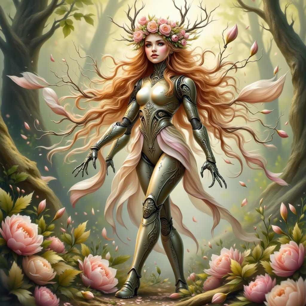 Hyper Realistic Anime Druid in Sunstone Body with Forest Dry...