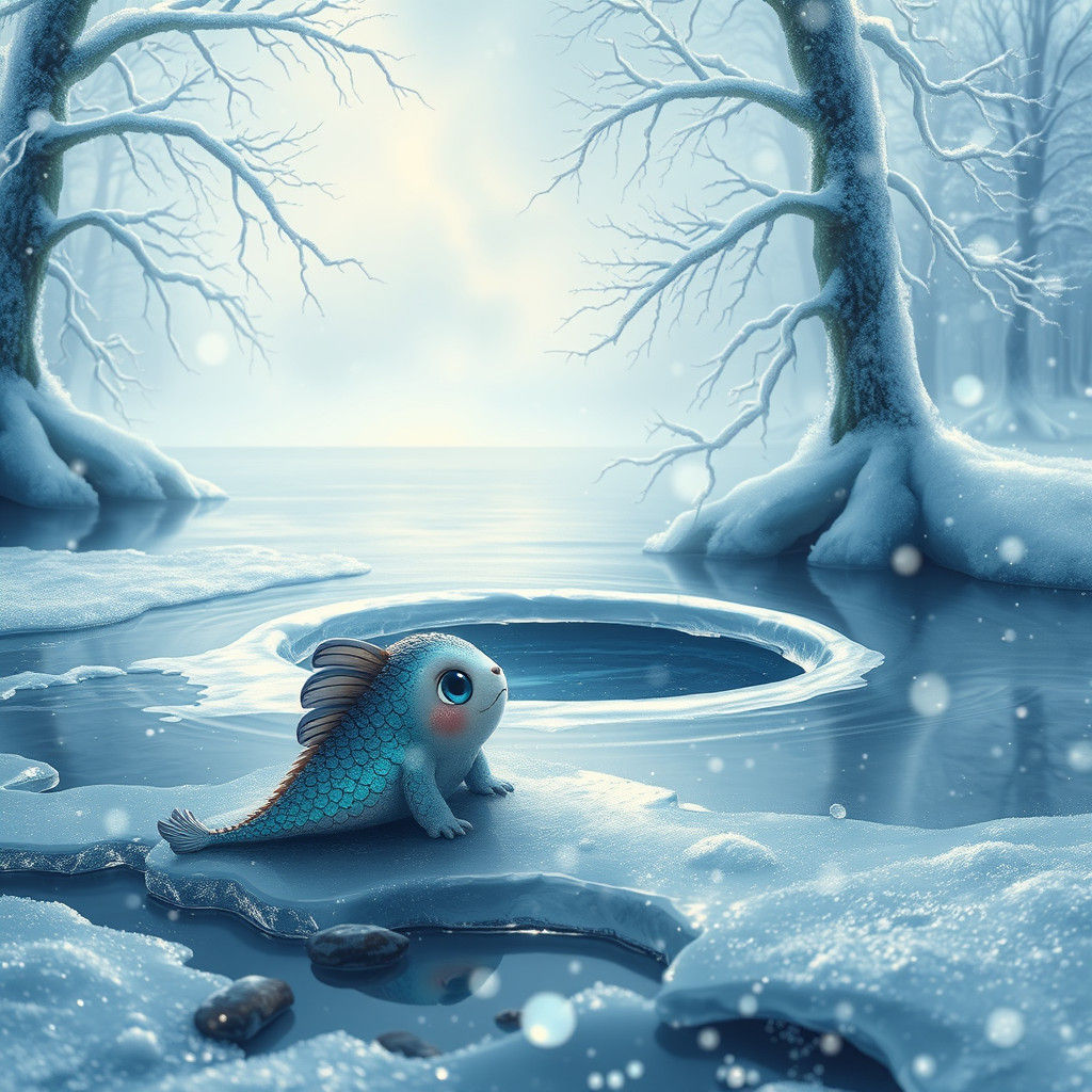 Mystical Water Creature on Frozen Lake Shore
