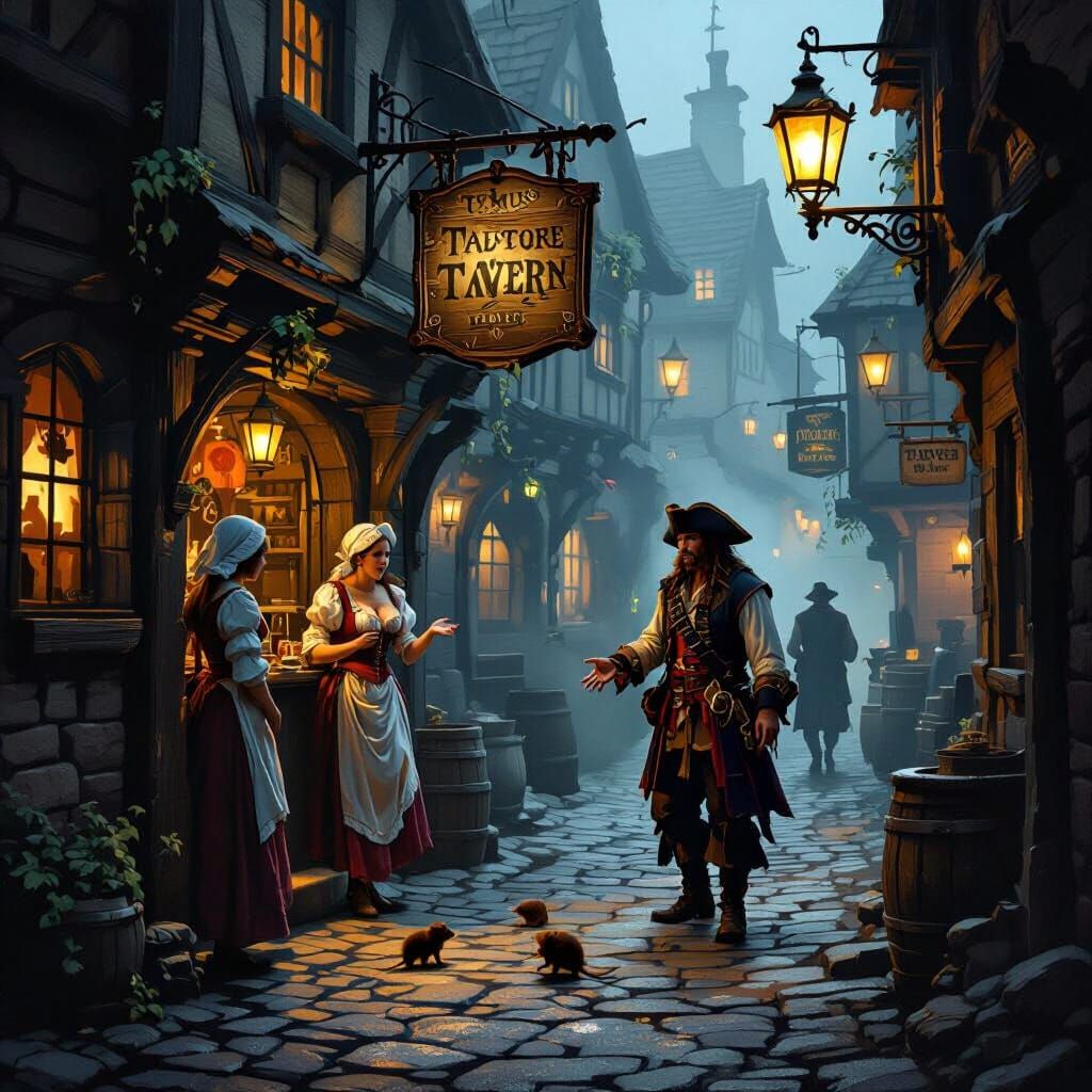 Tavern Alley Scene with Pirates and Drunks in Gaslight