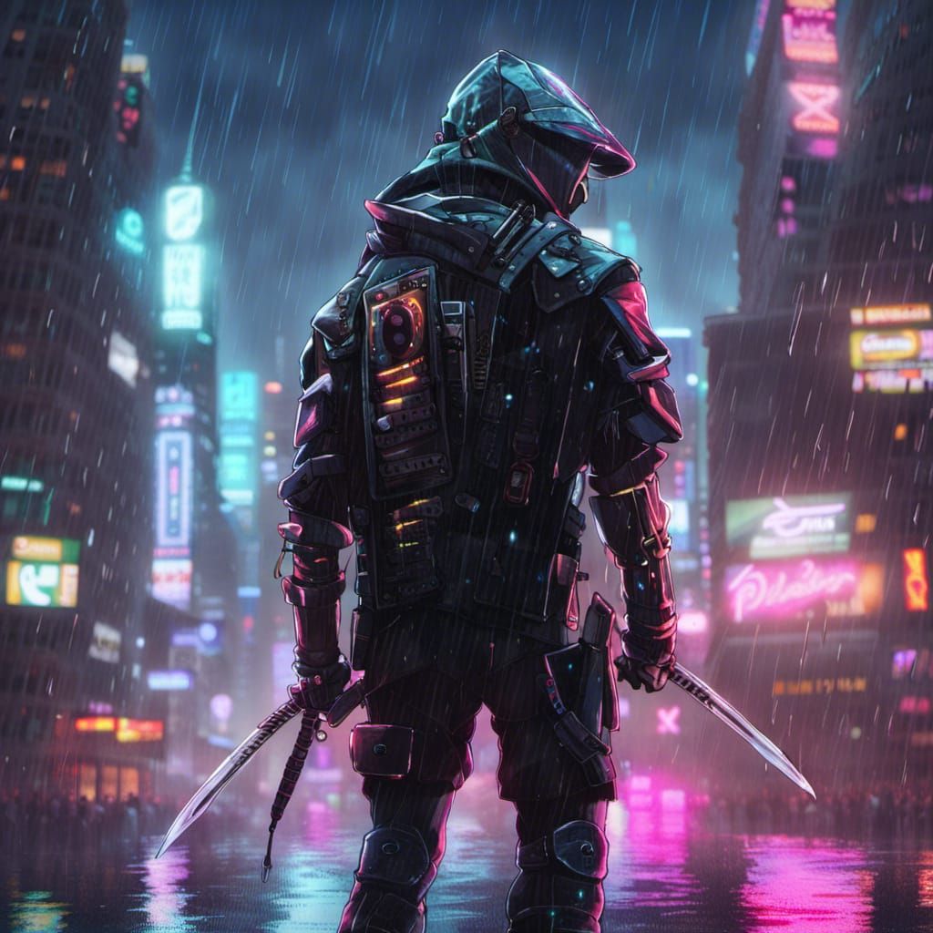 Neon Cyberpunk Ninja Overlooking Rainy City