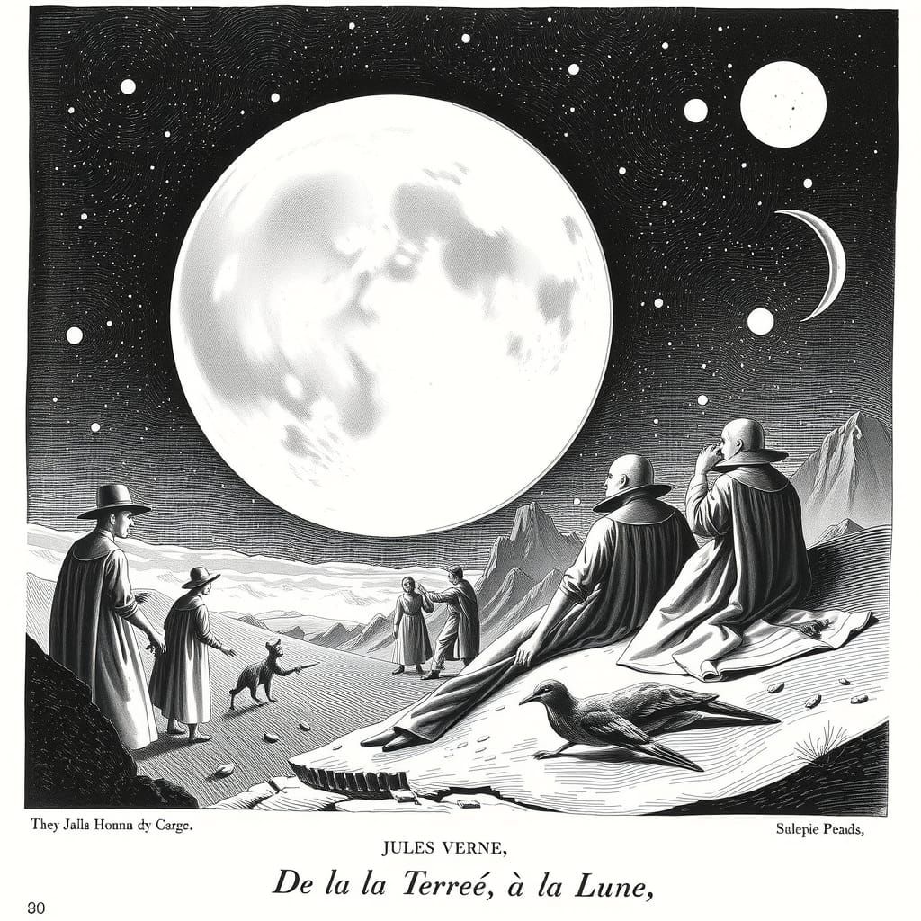 Illustration to the book De la Terre à la Lune by Jules Vern...