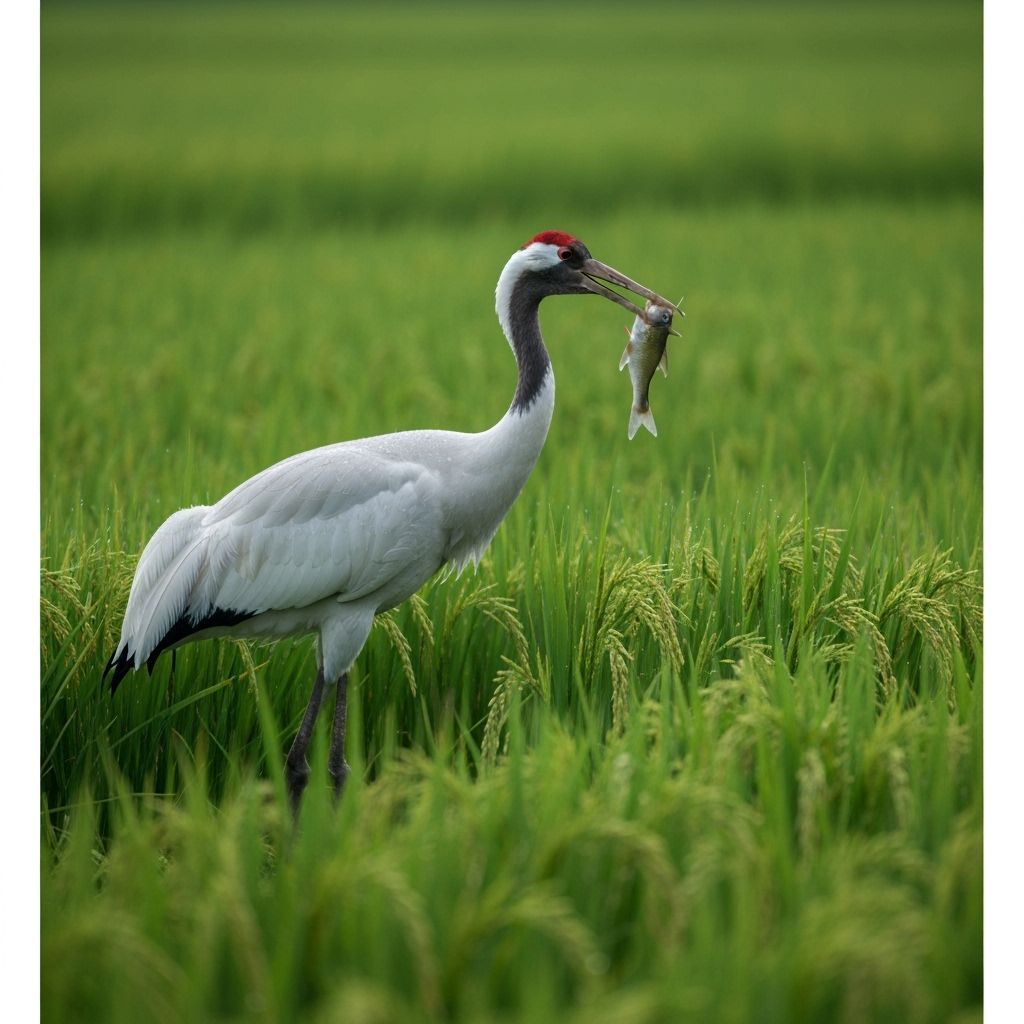 Crane Catching Fish in Paddy Field: Watercolor Style