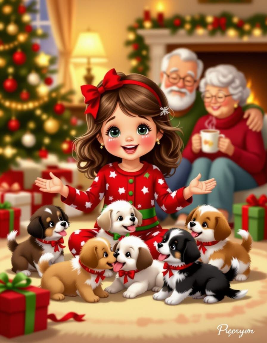Precious Moments Christmas Morning With Puppies and Grandpar...