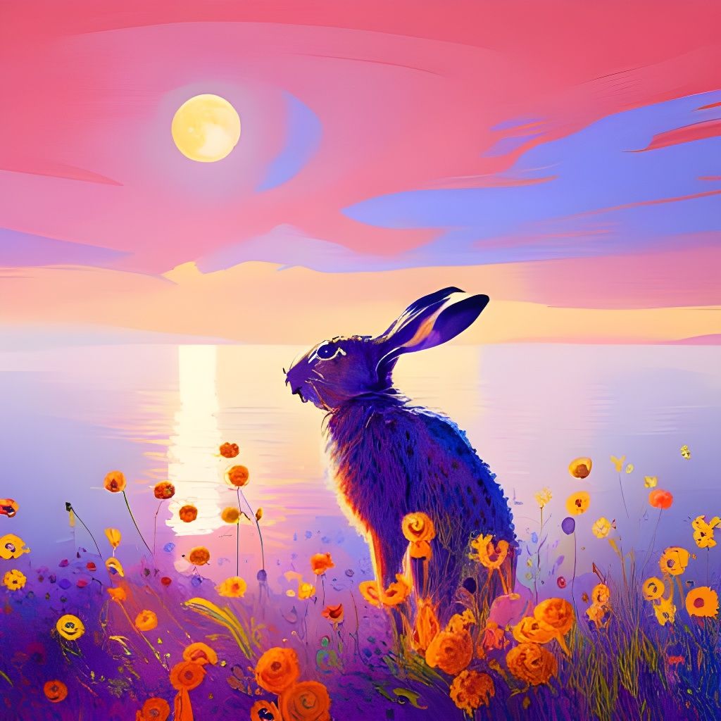 Hare Gazing at Moon in Pop Art Style