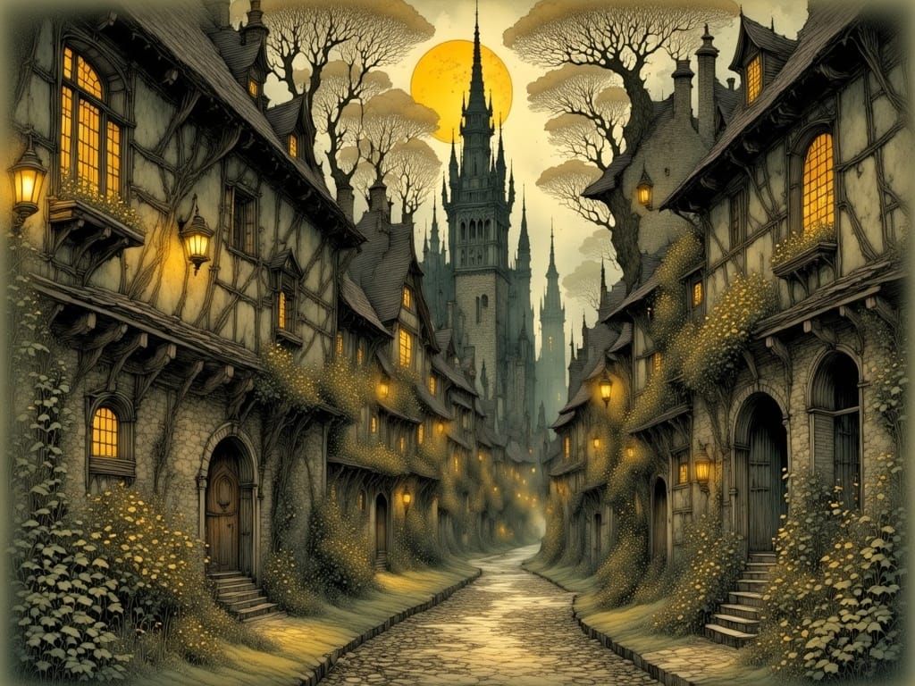 Mysterious Medieval Alley Inspired by Rackham and Friedrich