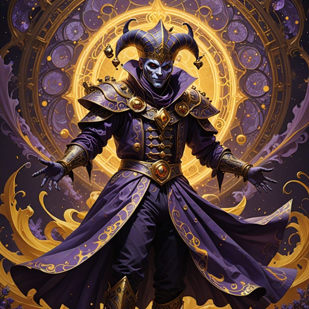 Mystical Jester Performs Dark Fantasy Act in Vibrant, Swirli...