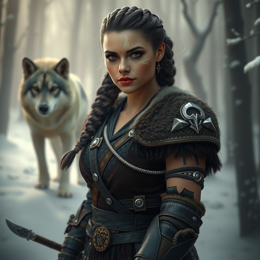 Nordic Huntress in Snowy Forest, Fantasy-Style Realism