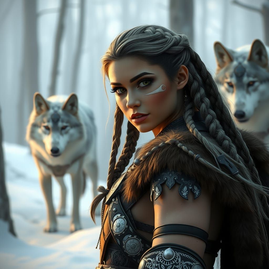 Nordic Warrior Woman in Snowy Forest, 3D Digital Art