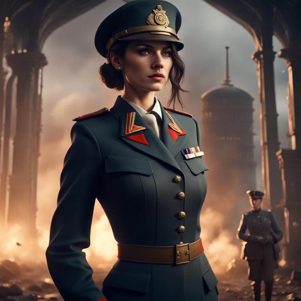 Brunette Woman in WWI Officer Uniform: Detailed Matte Painti...