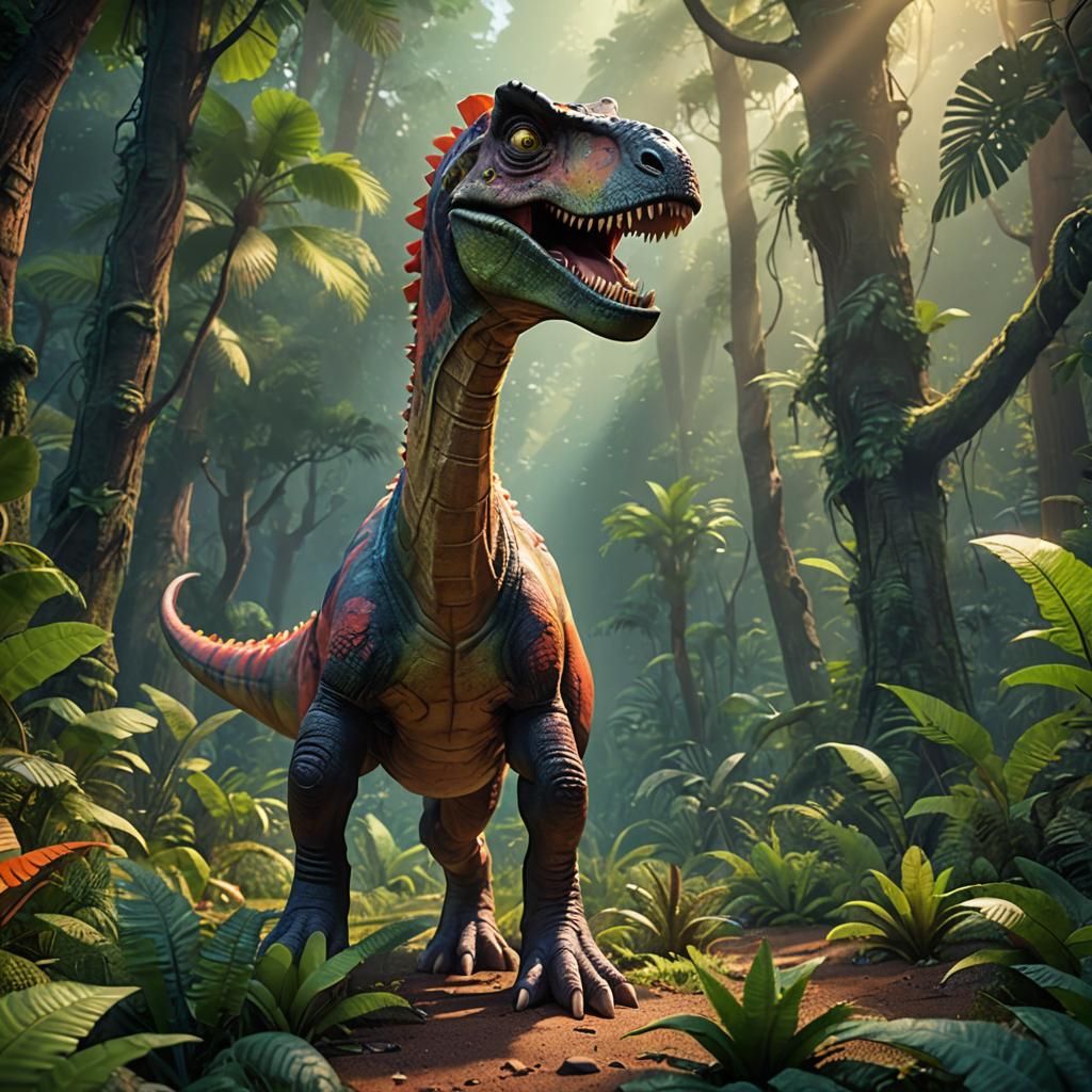 Dinosaur in Prehistoric Forest: Pixar-Style 3D Art