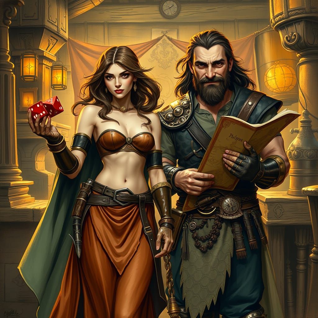 Fantasy Tavern Scene with Armored Woman, Frazetta Style