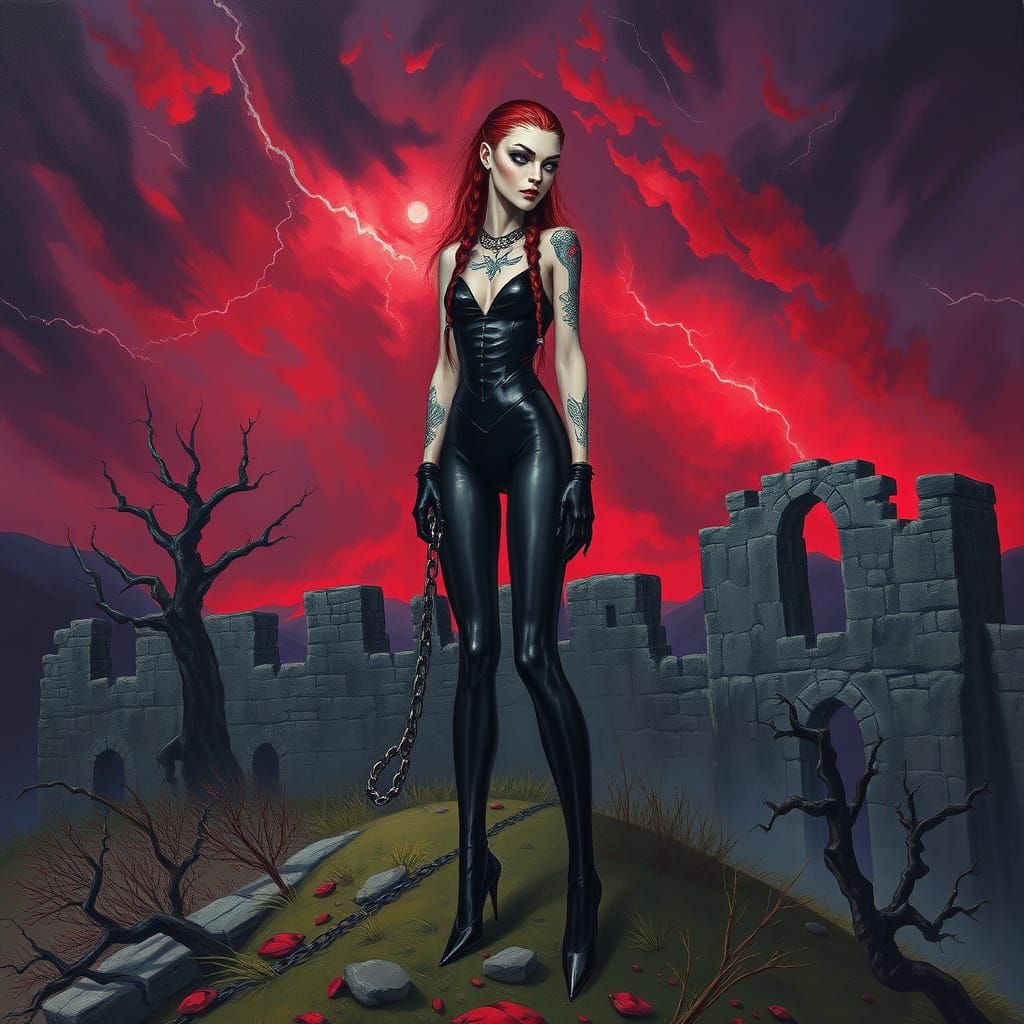 Ethereal Vampire Queen Confronts a Dark Stormy Landscape