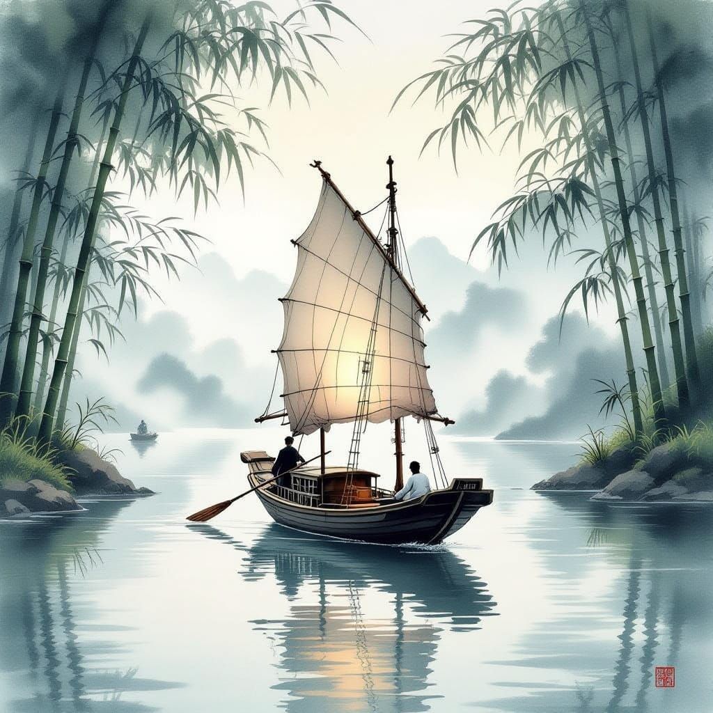 Serene Chinese Junk Boat on Calm River in Ink Wash Style