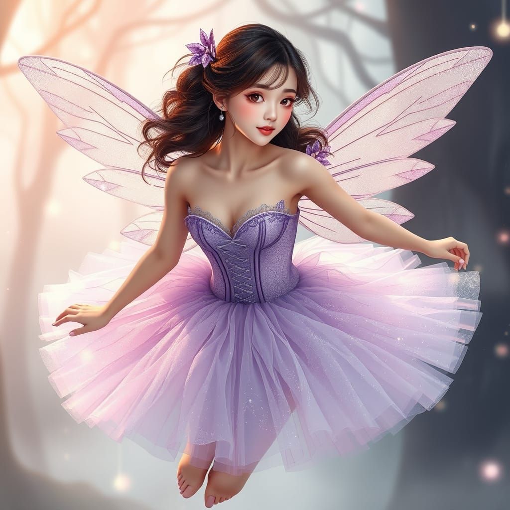 Fantasy Fairy Floats in Enchanted Forest, Anime Style