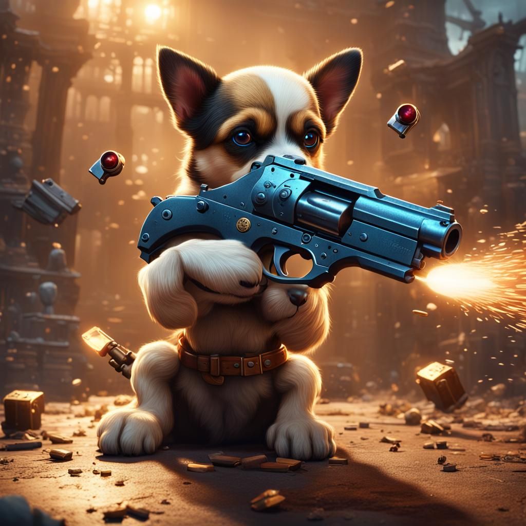 Dog Targeted by Pistol in Detailed Matte Painting