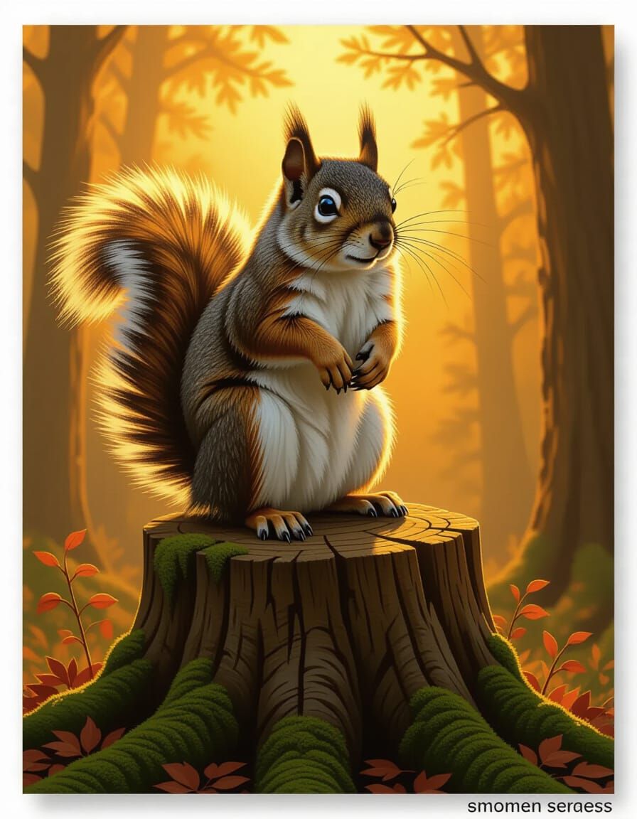 Majestic Weresquirrel on Stump in Golden Light