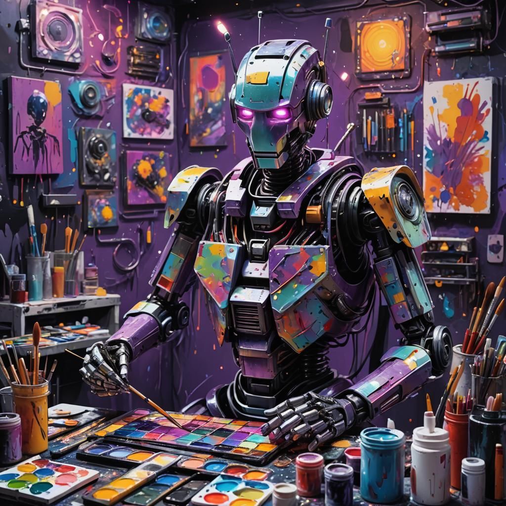 Robot Artist in Neon-lit Studio as Concept Art