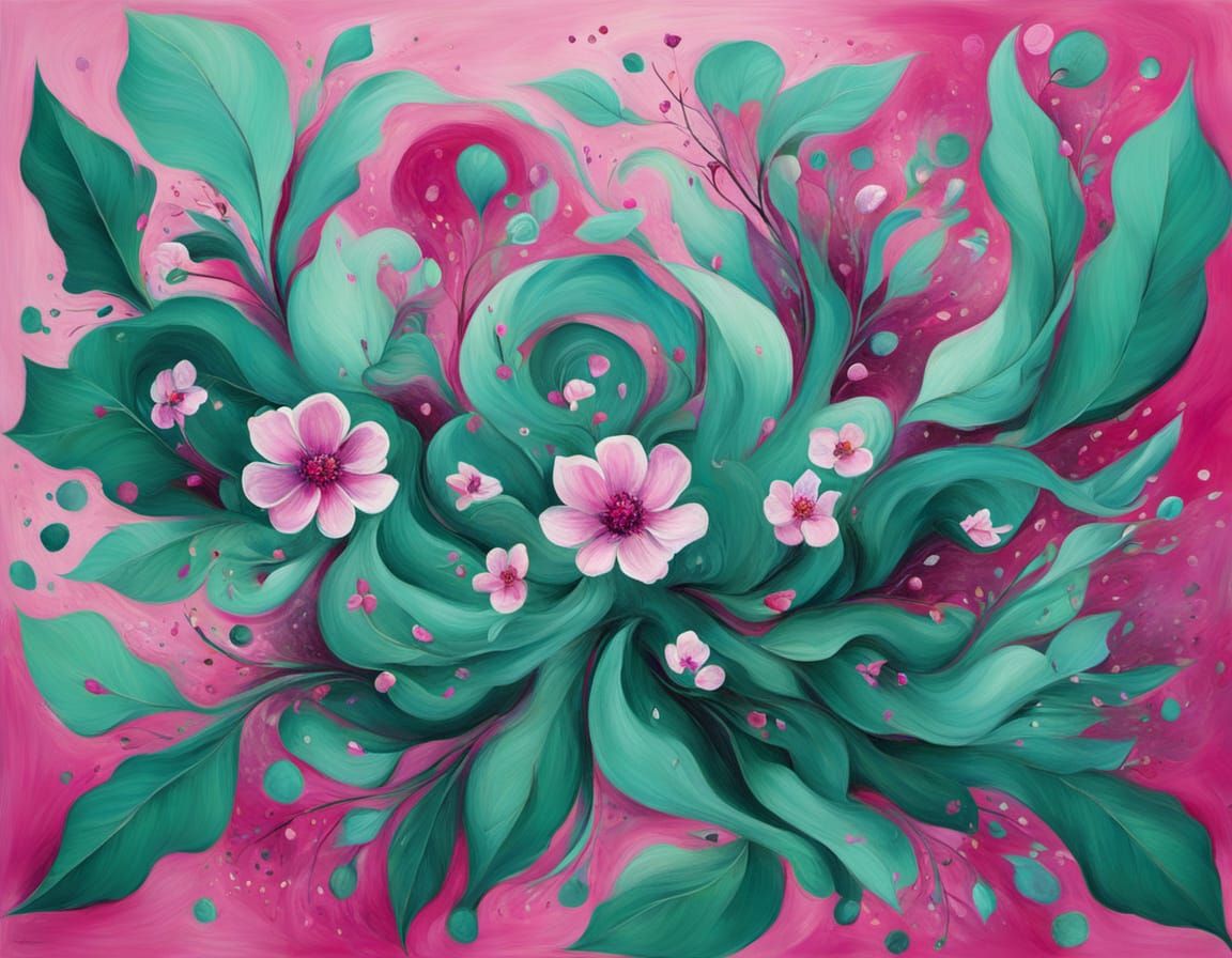 Emerald Soft Magenta Abstract Floral Painting