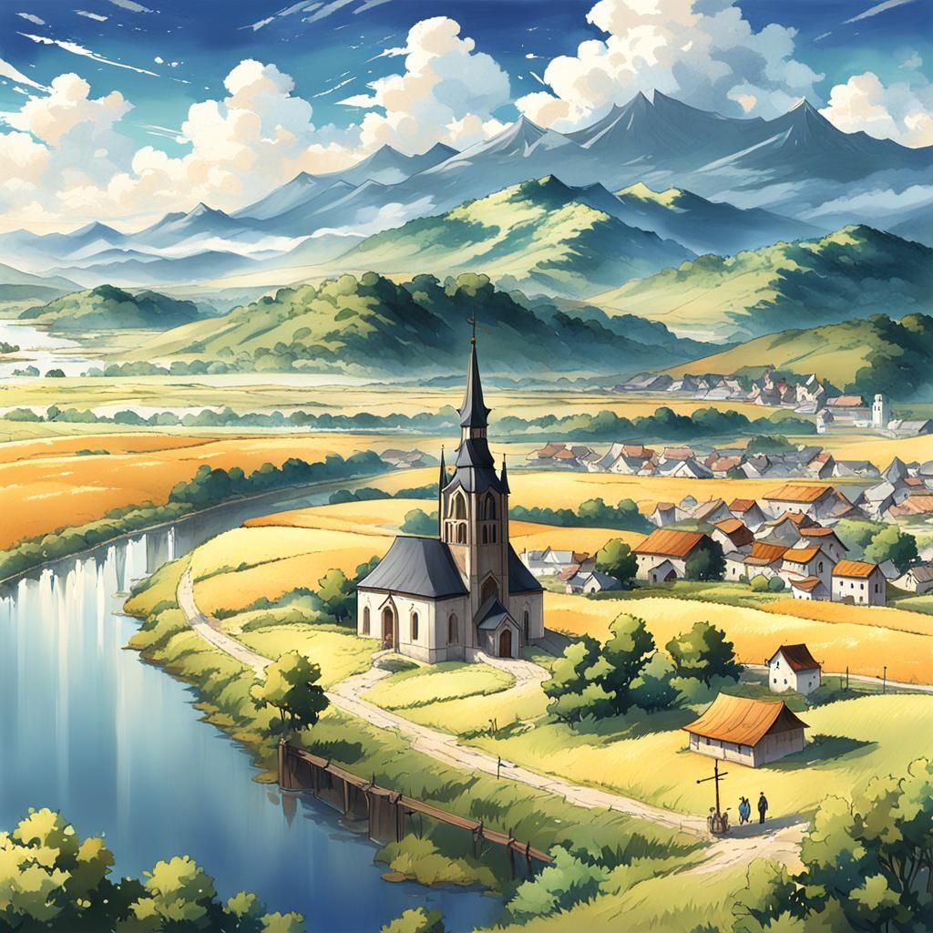 Biedermeier Church on Drava River in Anime Style