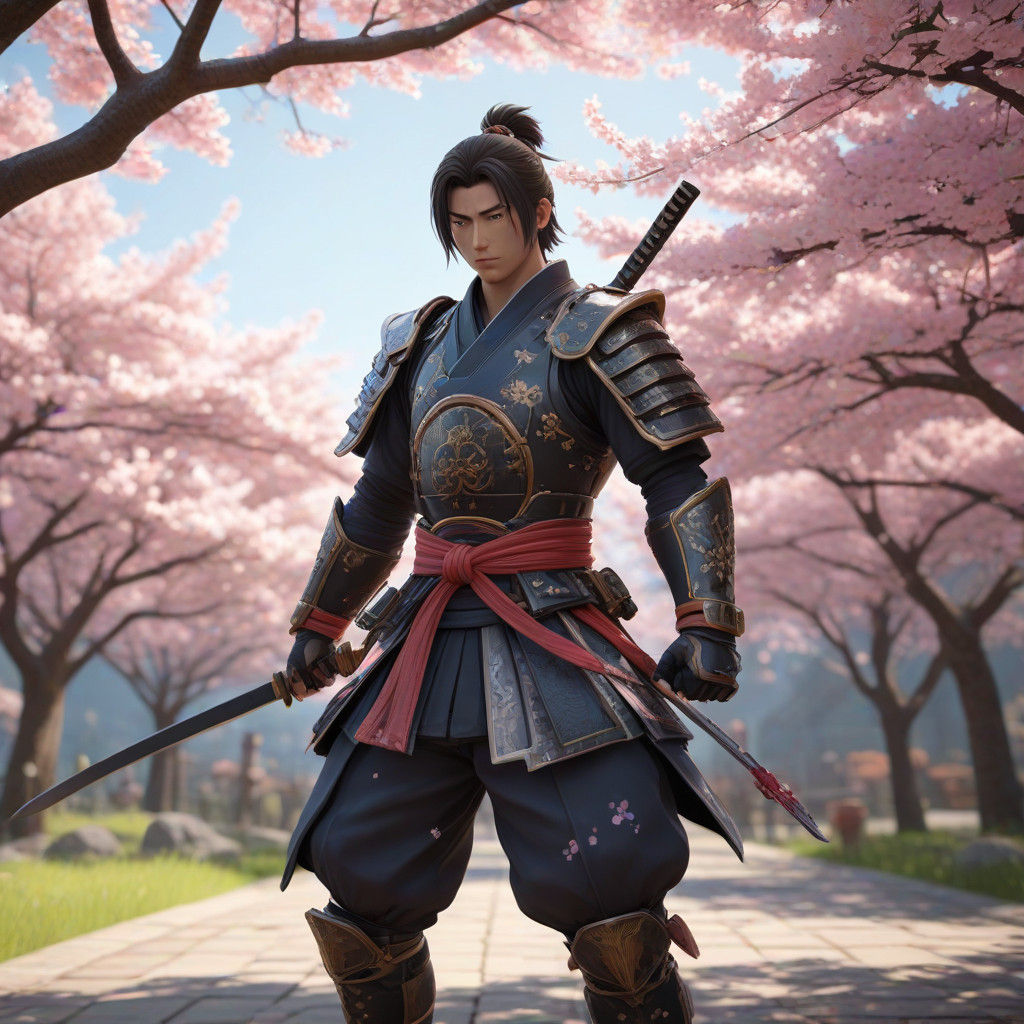 Young Samurai in Vibrant Sakura Bloom