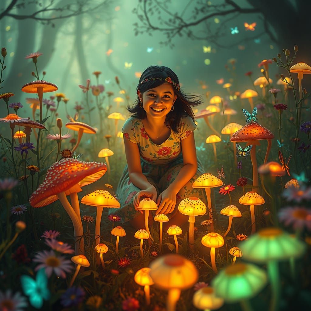 Woman and Bioluminescent Garden, Ethereal Art Style