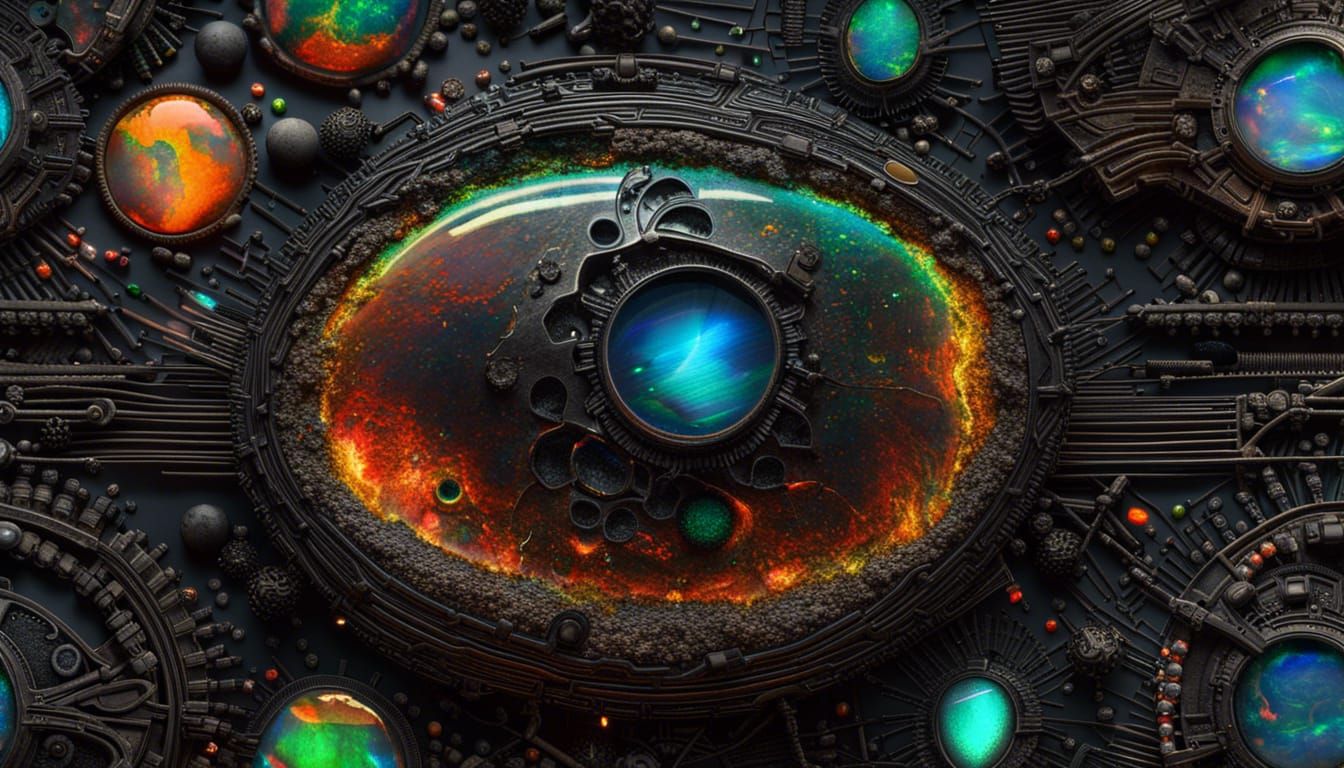 Opal-Textured Computer Complex in Cyberpunk Dreamscape