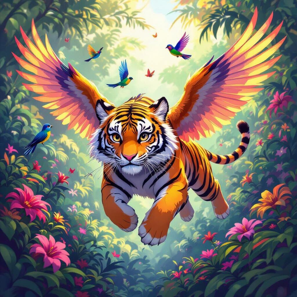 Winged Tiger Soaring Through Jungle, Anime Style