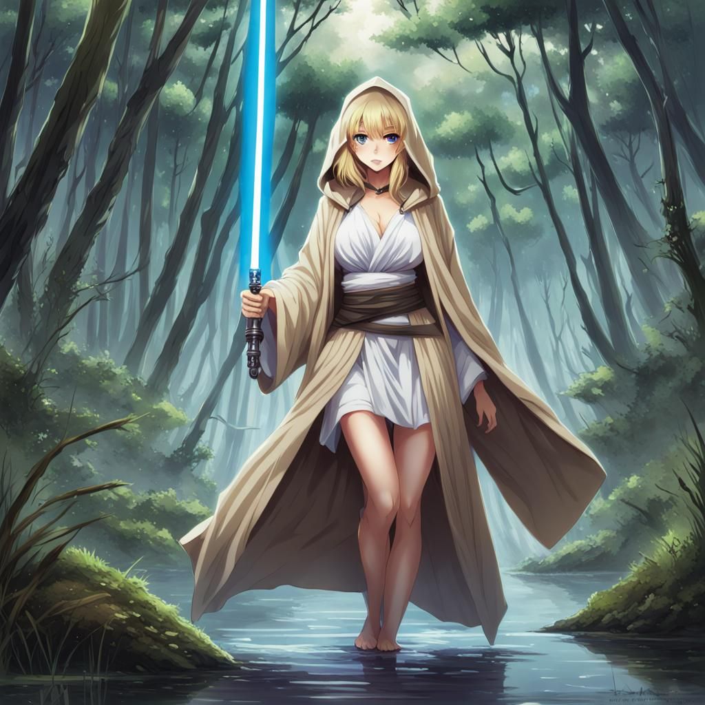 Blonde Jedi Knight on Swamp Planet in Anime Style