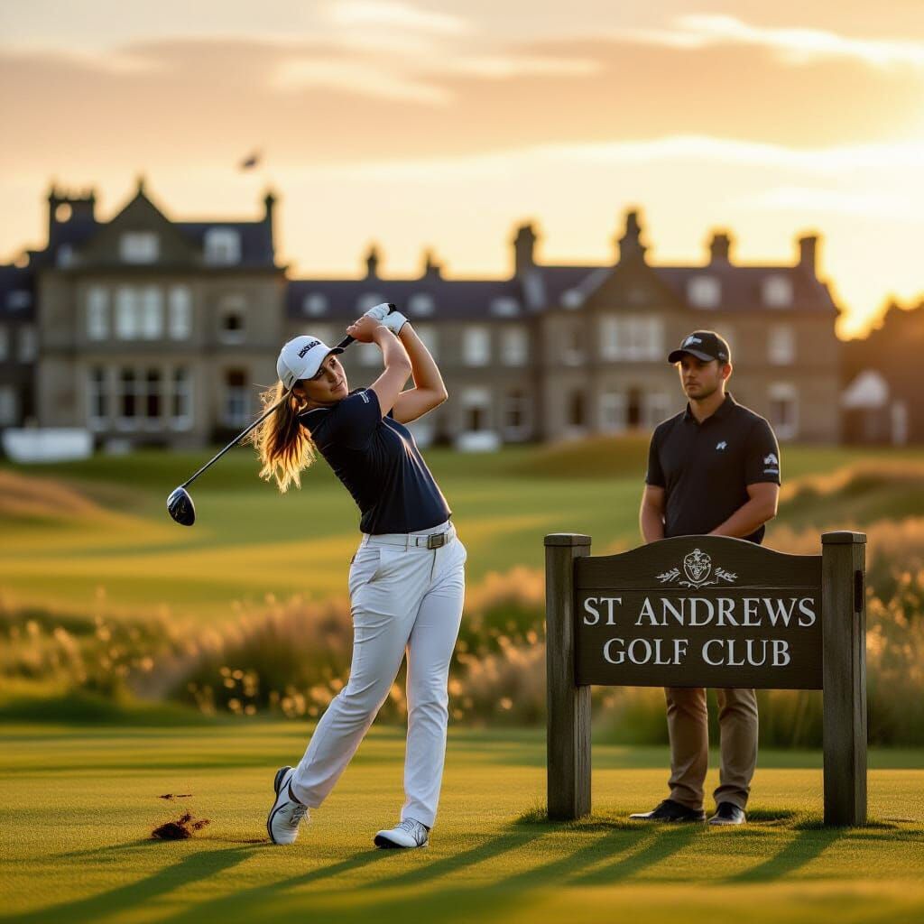Female Golf Pro Swinging at St Andrews Golden Hour