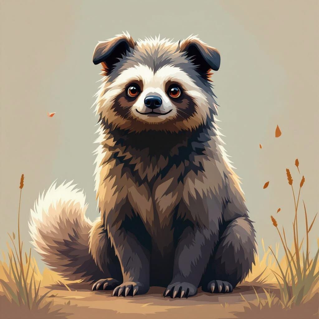 Dog-Sloth Hybrid with Fluffy Tail in Expressive Digital Art