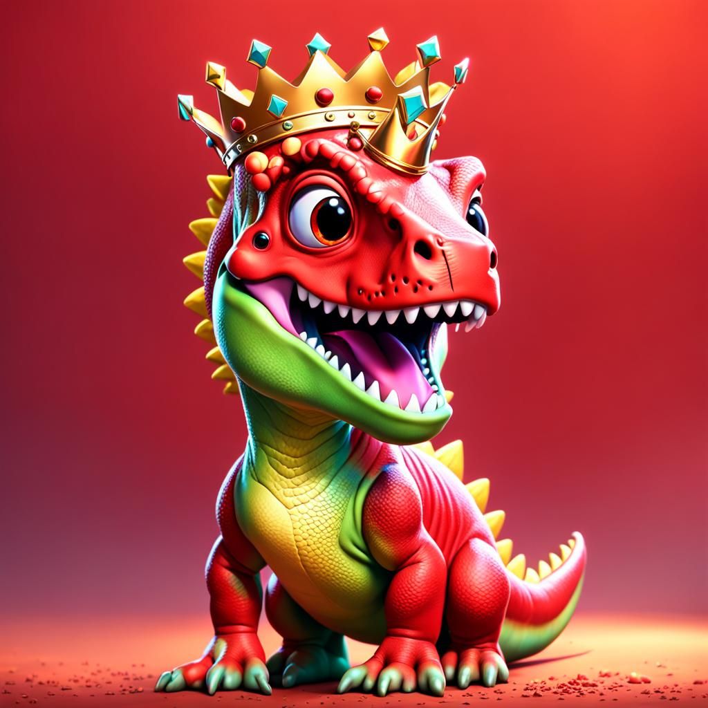 Happy Red Baby T-Rex with Crown in 3D