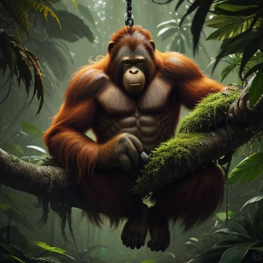 Orangutan Hanging in Jungle: Hyper-Realistic Concept Art