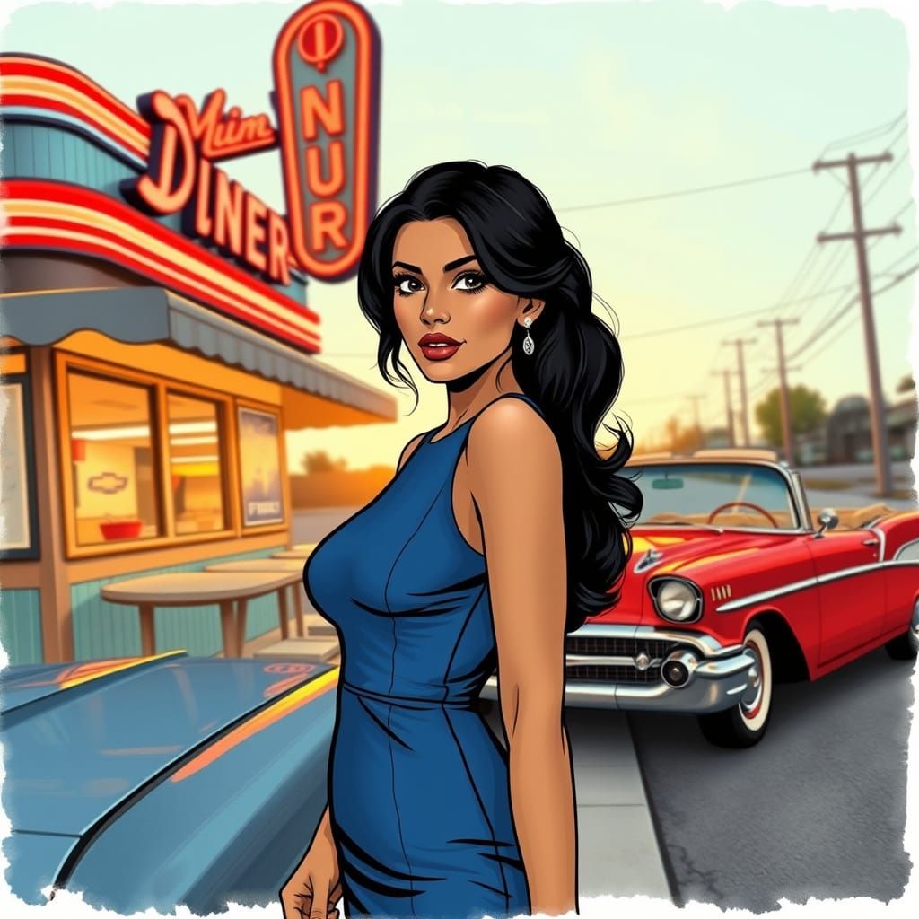 Vintage Latina Woman Standing Beside Classic American Car