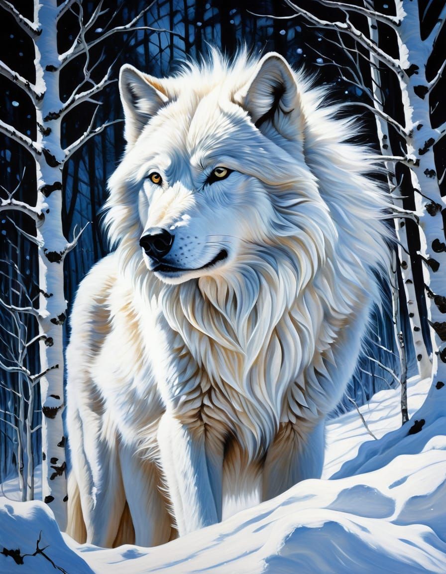 Majestic White Wolf in Snowy Landscape: Acrylic Painting