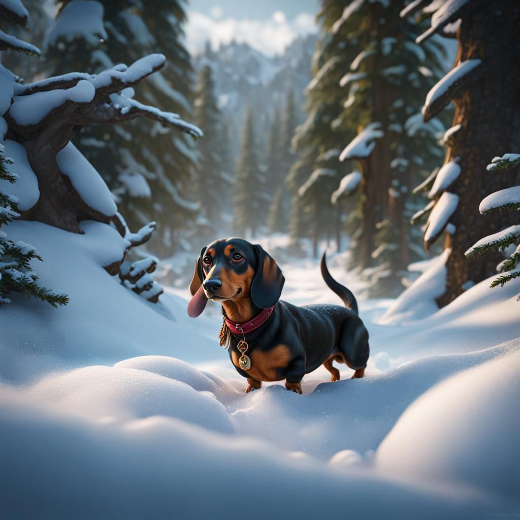 Detailed Painting of Dachshund in Winter Snow
