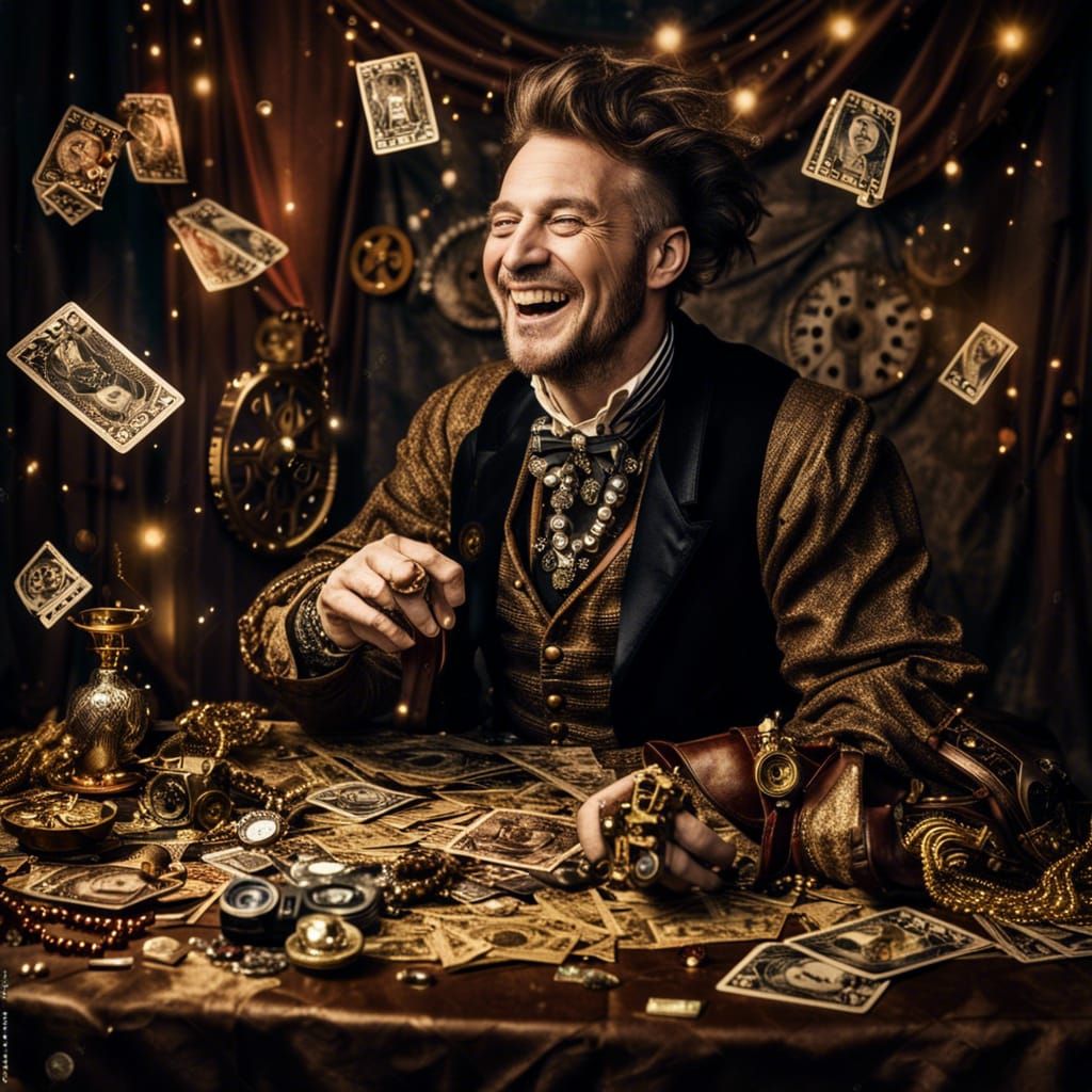 Laughing Man Surrounded by Treasure and Tarot