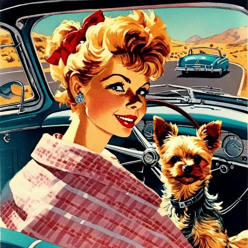 1950s Woman Driving Cabriolet on Highway in Detailed Art