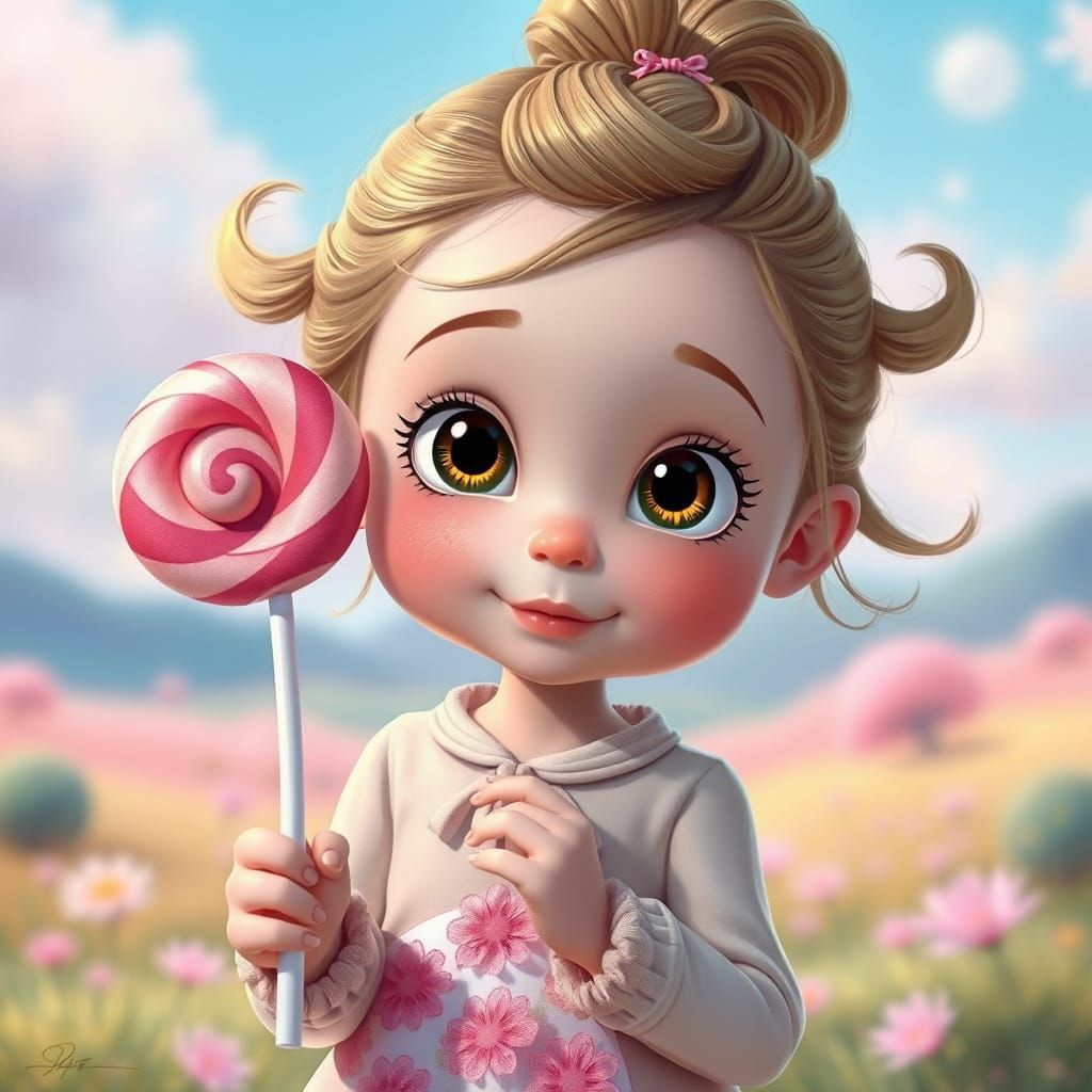 Whimsical Girl with Giant Lollipop in Dreamy Landscape