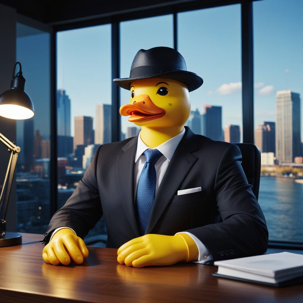 Surreal Businessman Wears Rubber Duck as Hat in Vivid Citysc...