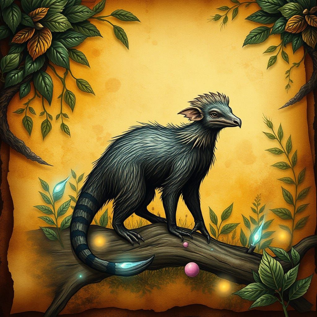 Whimsical Hand-Drawn Fantasy Anteater on Aged Parchment