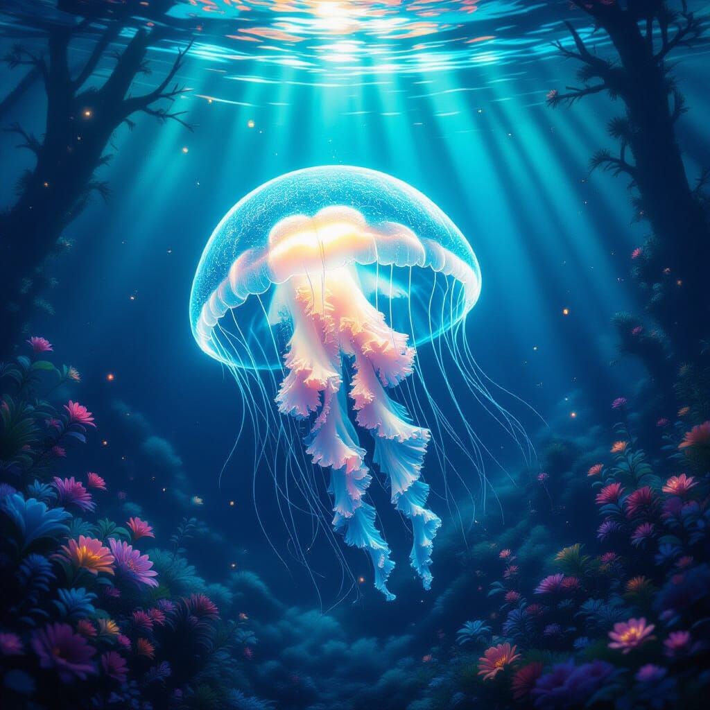Bioluminescent Jellyfish Drifting Through Underwater Forest