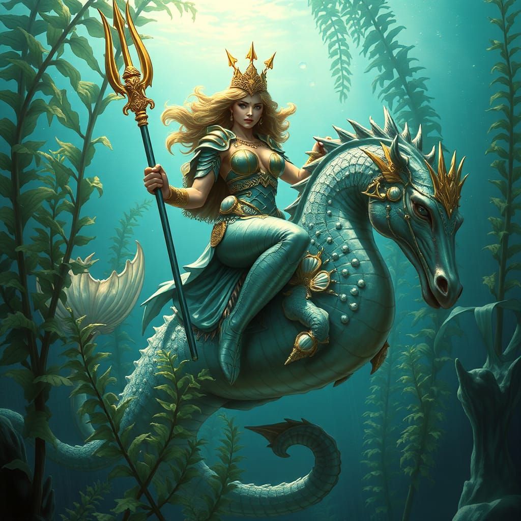 Mermaid Warrior Rides Seahorse in Art Nouveau Style