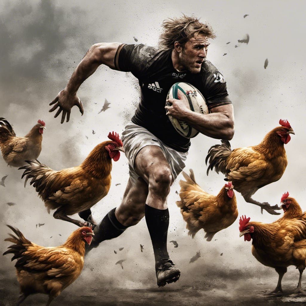 Rugby Player Chased by Chickens, Photorealistic Art
