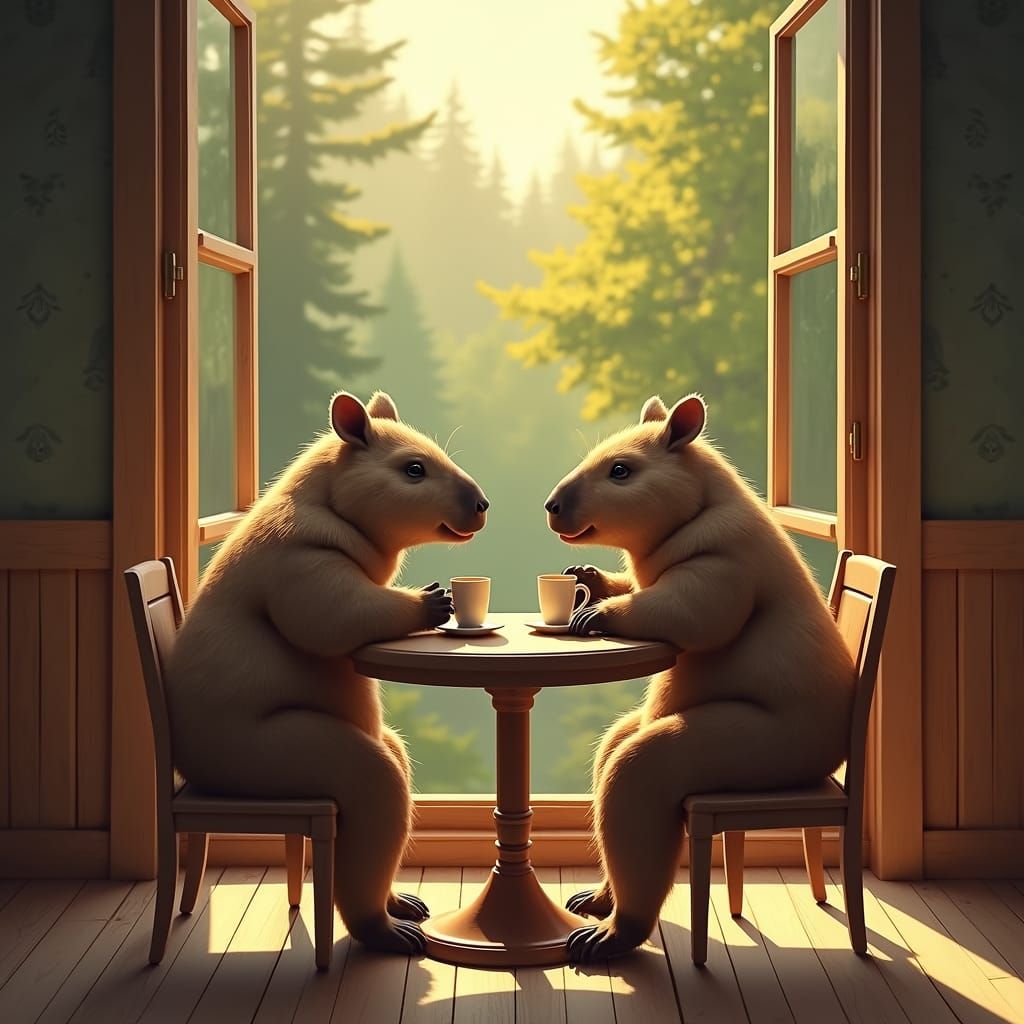 Capybaras Enjoying Coffee on Terrace in Hyperrealism