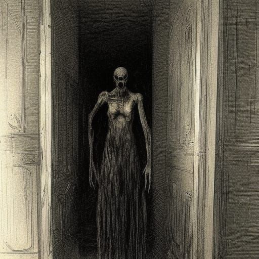 Cursed Doll in Dark Hallway, Horror Art