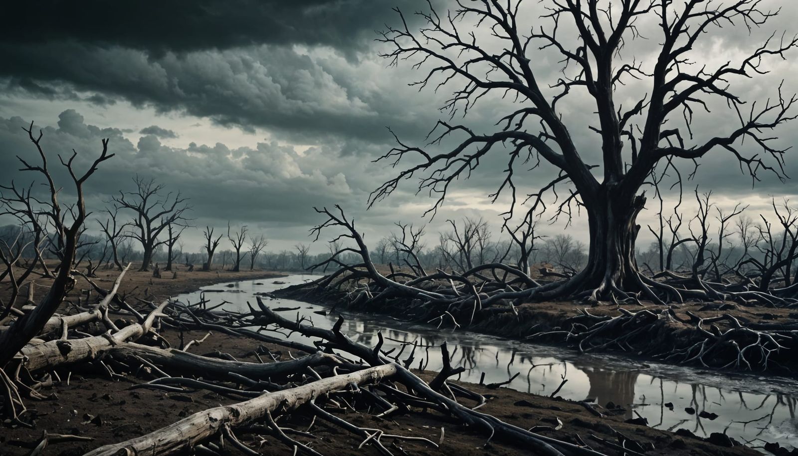 Sad, Scary Field with Dead Trees in Hyperrealism