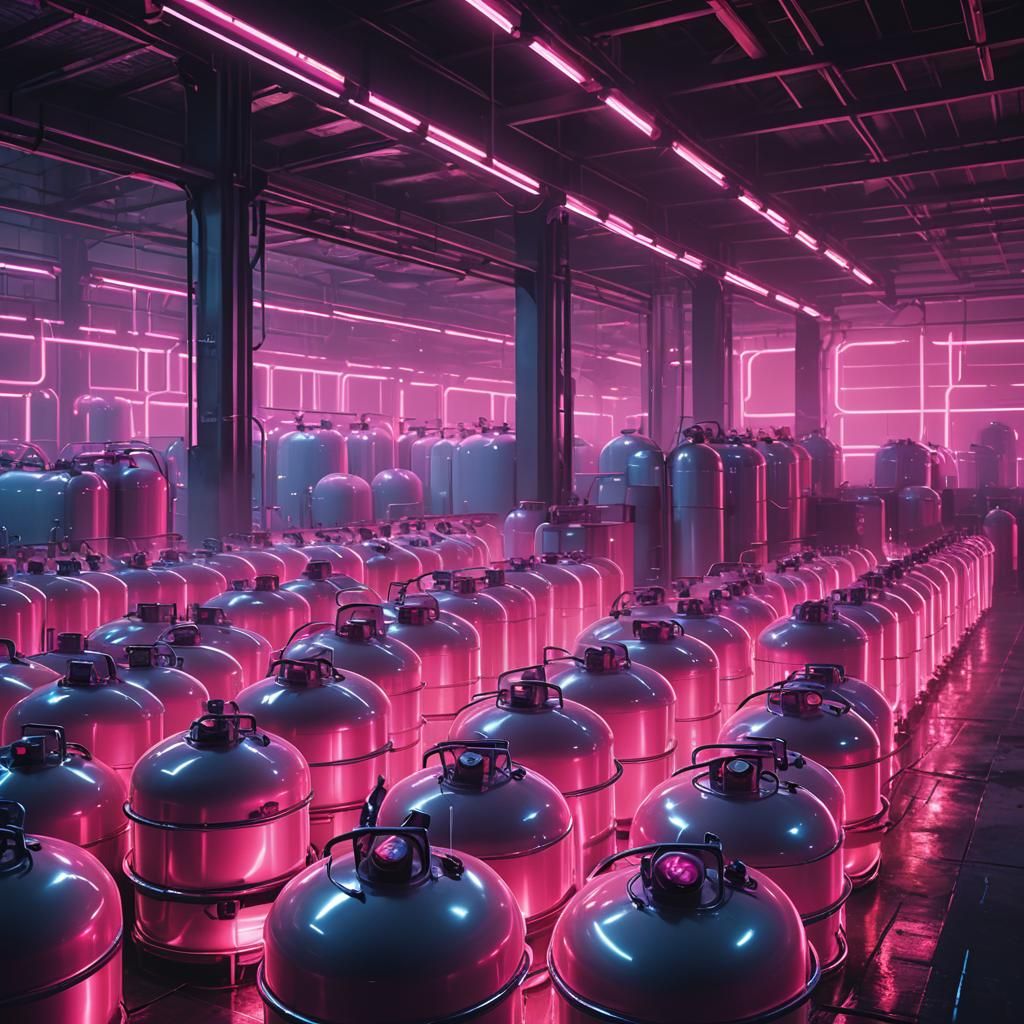 Synthwave Neon Propane Tanks in Retro Warehouse