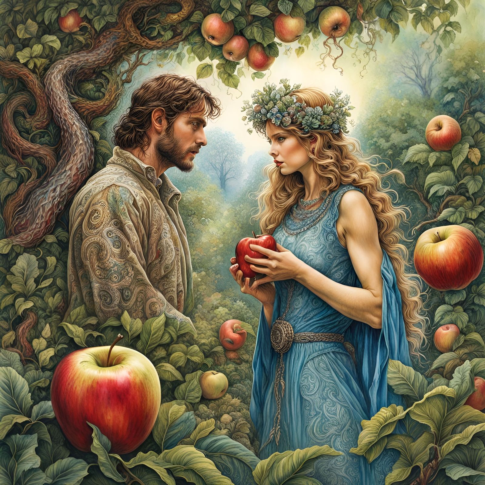 Adam and Eve in Biblical Garden as Ink Drawing