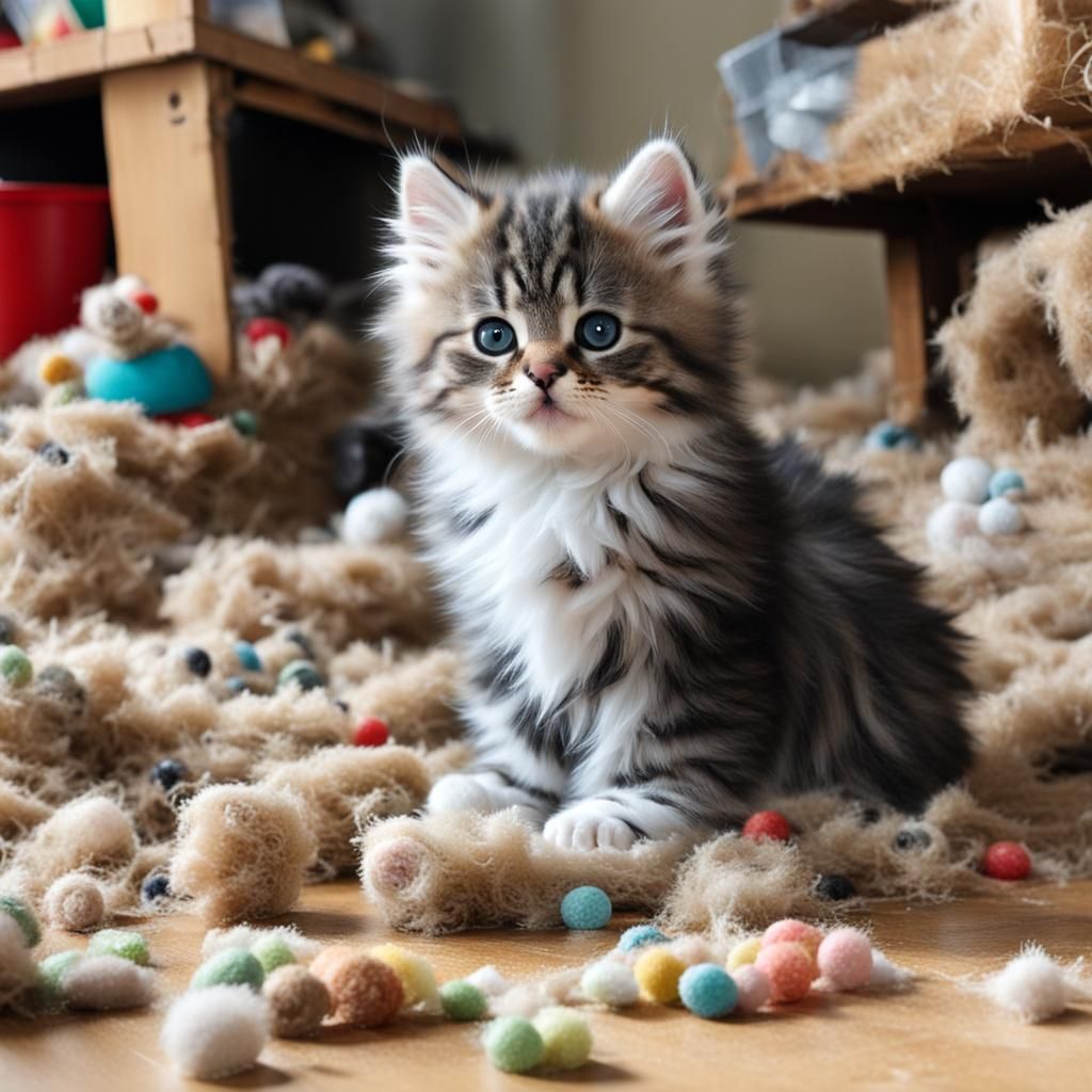Innocent Kitten Amidst Mayhem: A Fluffy Portrait